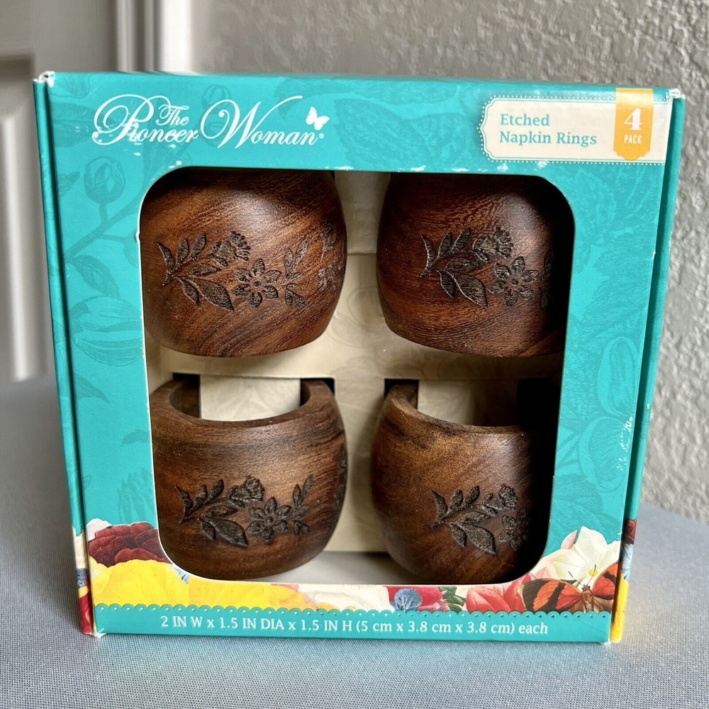 Pioneer Woman Etched Napkin Ring 4 Pack NEW in box